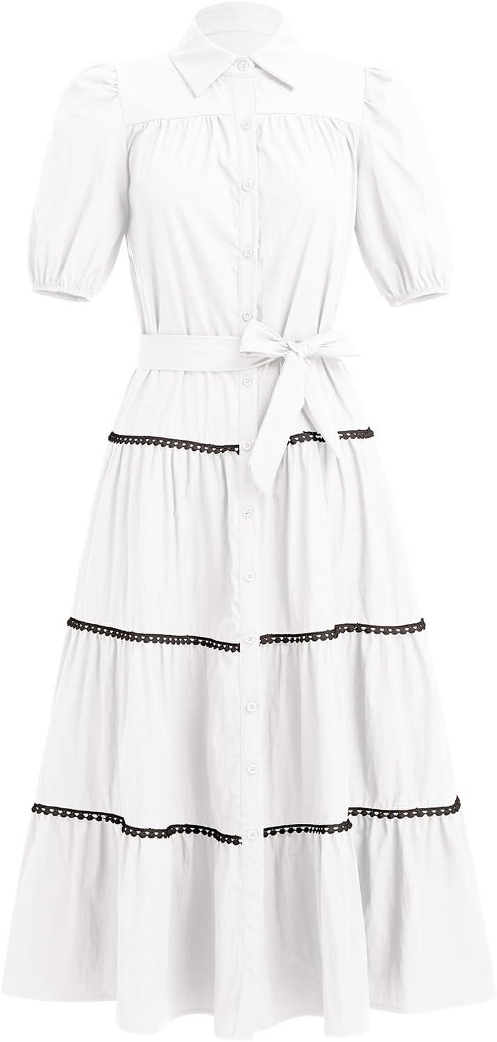 imageIDOPIP Womens Elegant Summer Puff Sleeve Tiered Dress 2024 Casual Button Down Shirt Dress Beach Ruffle Flowy Boho Maxi DressWhite