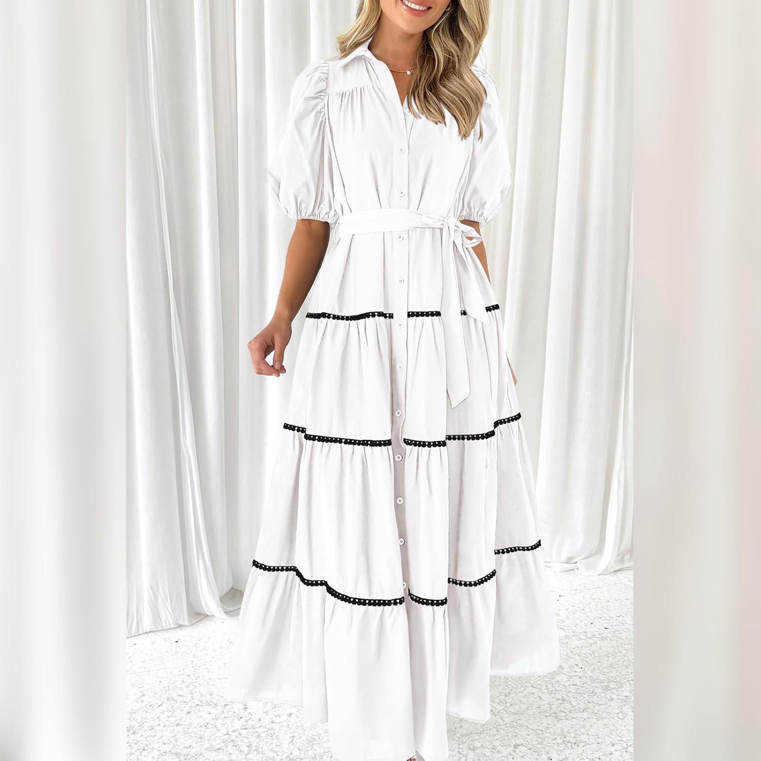 imageIDOPIP Womens Elegant Summer Puff Sleeve Tiered Dress 2024 Casual Button Down Shirt Dress Beach Ruffle Flowy Boho Maxi DressWhite