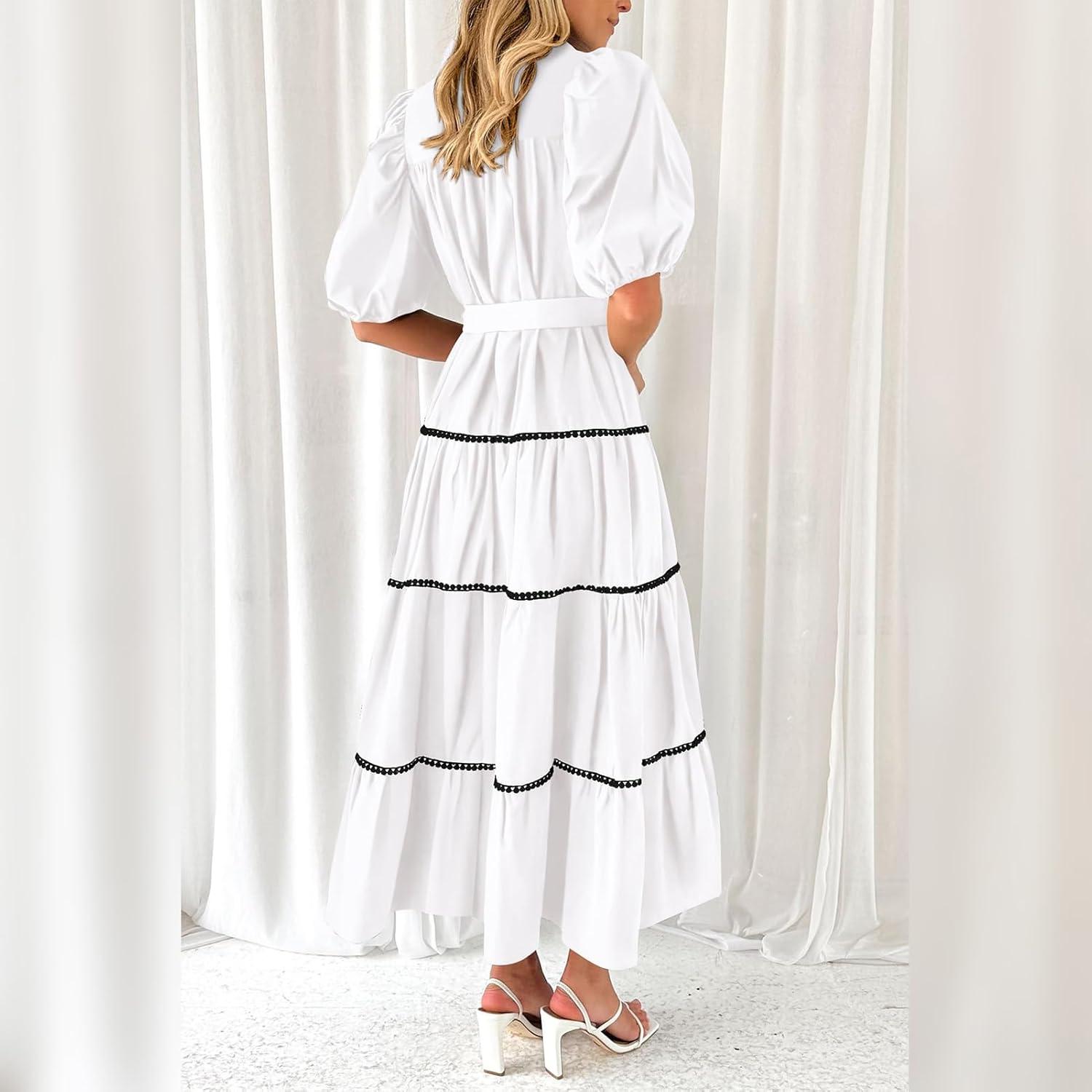 imageIDOPIP Womens Elegant Summer Puff Sleeve Tiered Dress 2024 Casual Button Down Shirt Dress Beach Ruffle Flowy Boho Maxi DressWhite