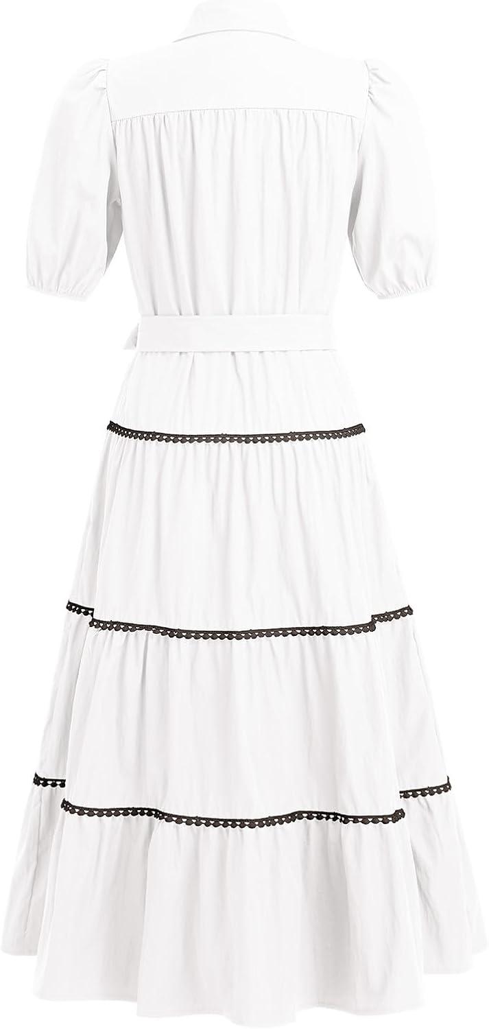 imageIDOPIP Womens Elegant Summer Puff Sleeve Tiered Dress 2024 Casual Button Down Shirt Dress Beach Ruffle Flowy Boho Maxi DressWhite