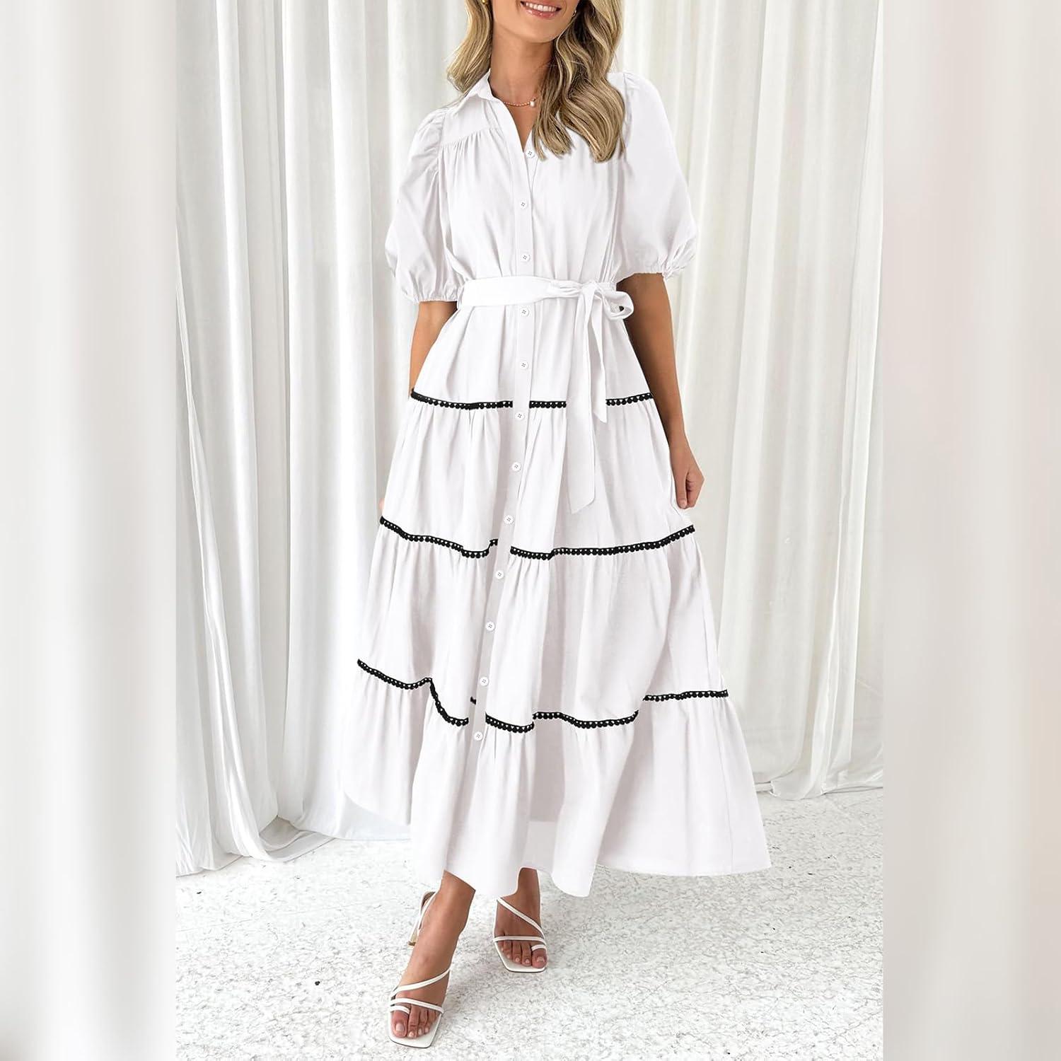imageIDOPIP Womens Elegant Summer Puff Sleeve Tiered Dress 2024 Casual Button Down Shirt Dress Beach Ruffle Flowy Boho Maxi DressWhite