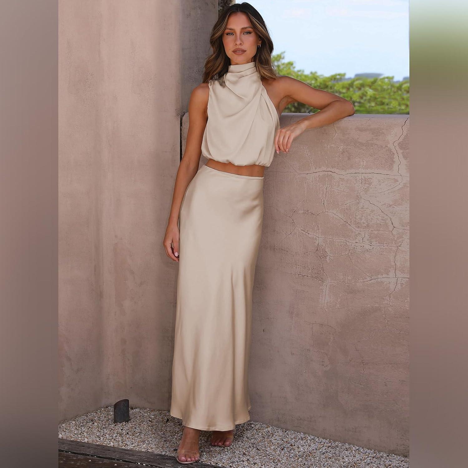 imageIDOPIP Womens Satin Top Long Skirt Dress Sets 2PCS Formal Cocktail Party Outfit Elegant Evening Prom Wedding Bridesmaid GownApricot
