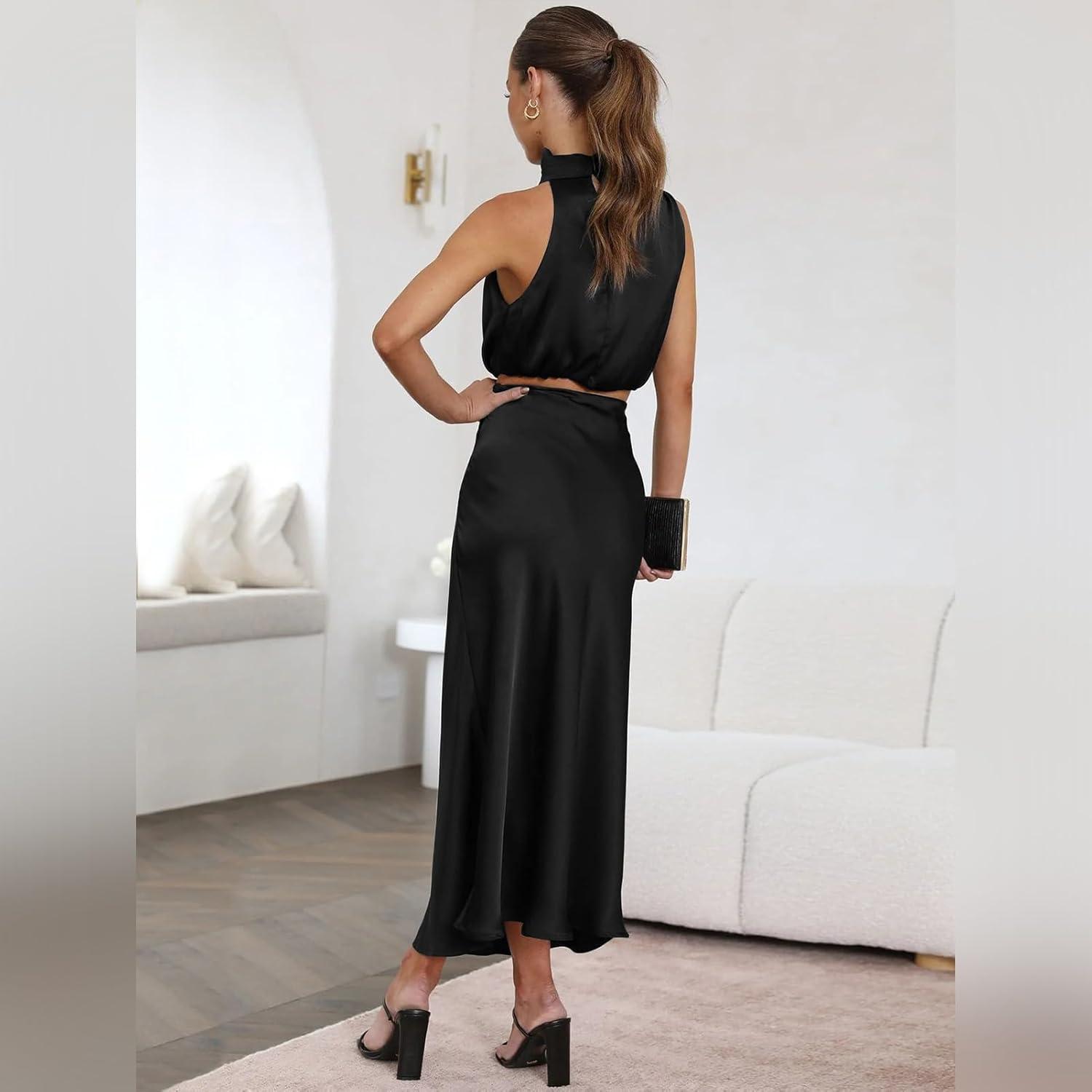 imageIDOPIP Womens Satin Top Long Skirt Dress Sets 2PCS Formal Cocktail Party Outfit Elegant Evening Prom Wedding Bridesmaid GownBlack