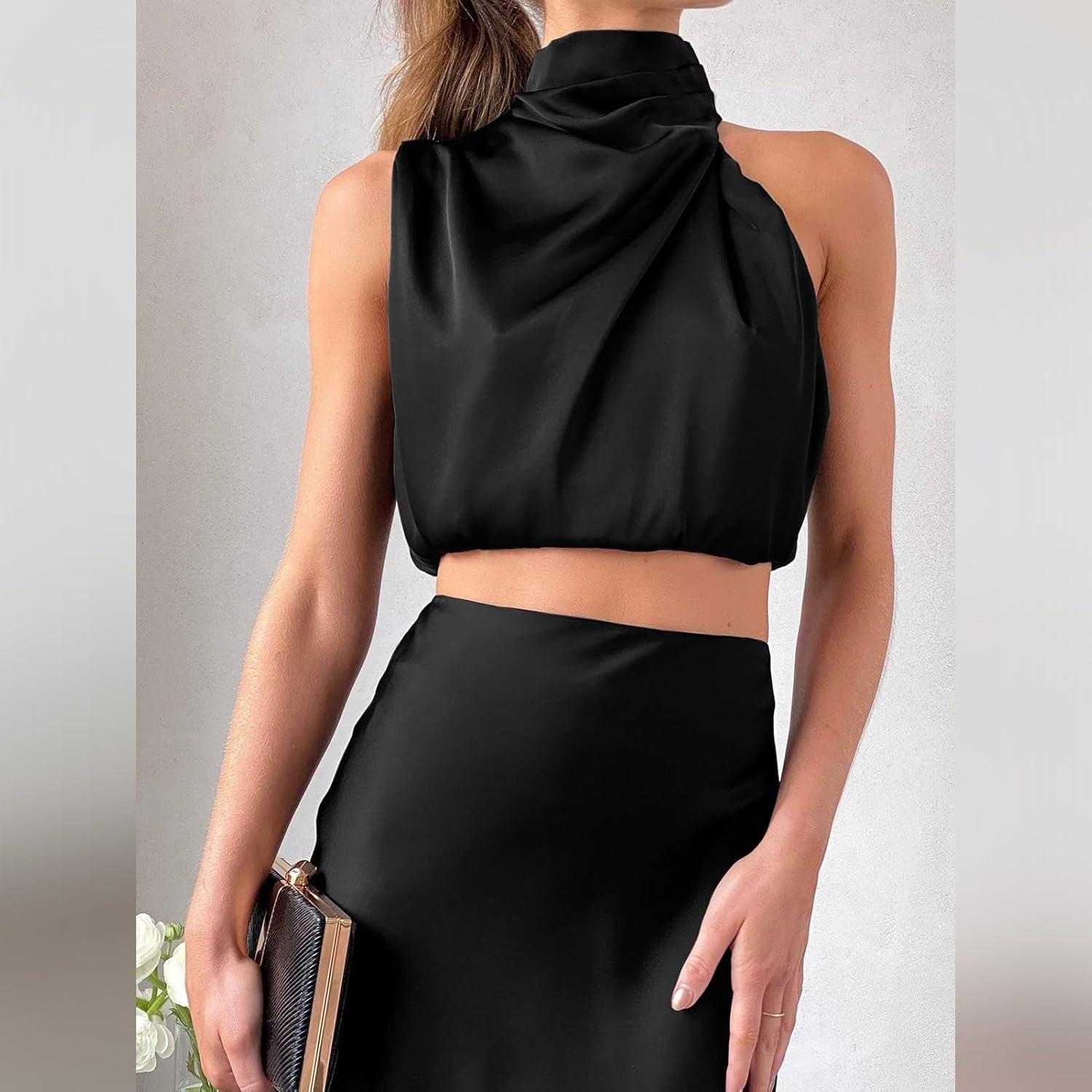 imageIDOPIP Womens Satin Top Long Skirt Dress Sets 2PCS Formal Cocktail Party Outfit Elegant Evening Prom Wedding Bridesmaid GownBlack
