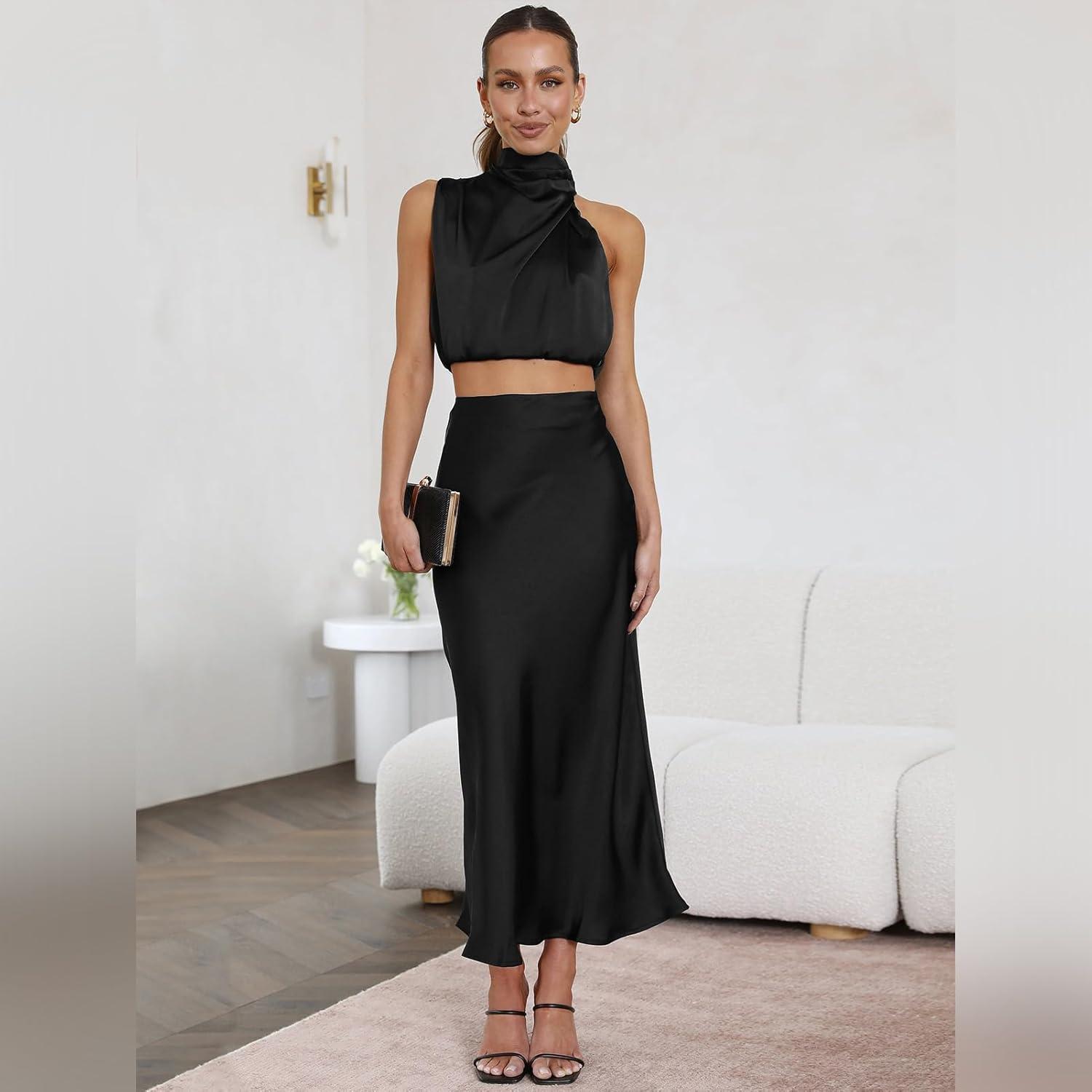 imageIDOPIP Womens Satin Top Long Skirt Dress Sets 2PCS Formal Cocktail Party Outfit Elegant Evening Prom Wedding Bridesmaid GownBlack
