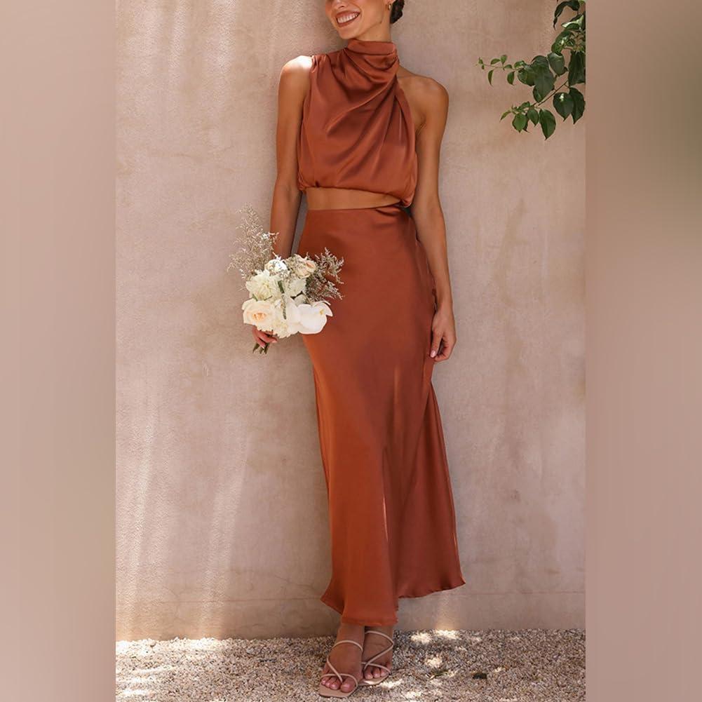 imageIDOPIP Womens Satin Top Long Skirt Dress Sets 2PCS Formal Cocktail Party Outfit Elegant Evening Prom Wedding Bridesmaid GownCoffee