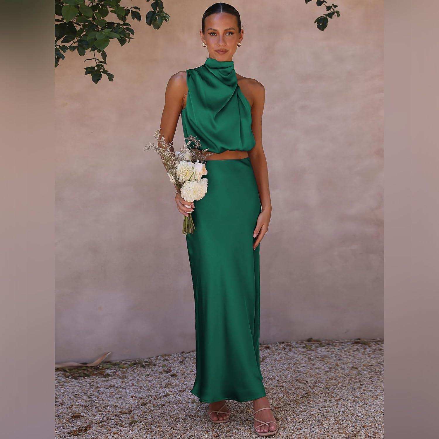 imageIDOPIP Womens Satin Top Long Skirt Dress Sets 2PCS Formal Cocktail Party Outfit Elegant Evening Prom Wedding Bridesmaid GownGreen