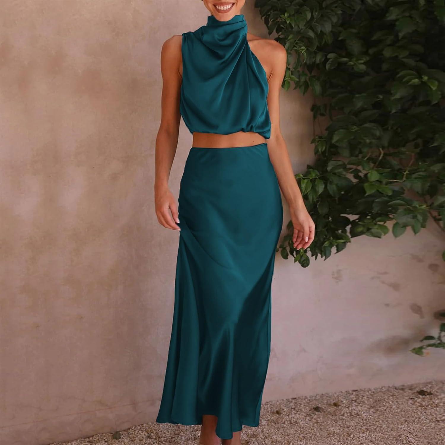 imageIDOPIP Womens Satin Top Long Skirt Dress Sets 2PCS Formal Cocktail Party Outfit Elegant Evening Prom Wedding Bridesmaid GownPeacock Blue