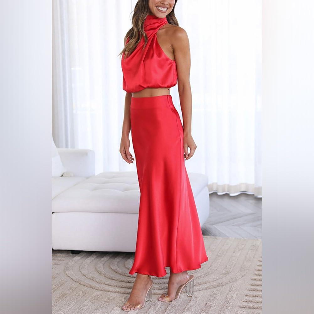 imageIDOPIP Womens Satin Top Long Skirt Dress Sets 2PCS Formal Cocktail Party Outfit Elegant Evening Prom Wedding Bridesmaid GownRed