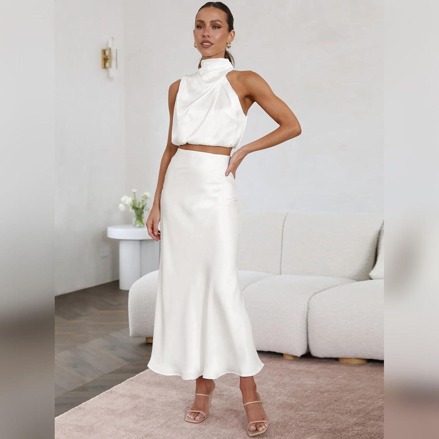 imageIDOPIP Womens Satin Top Long Skirt Dress Sets 2PCS Formal Cocktail Party Outfit Elegant Evening Prom Wedding Bridesmaid GownWhite