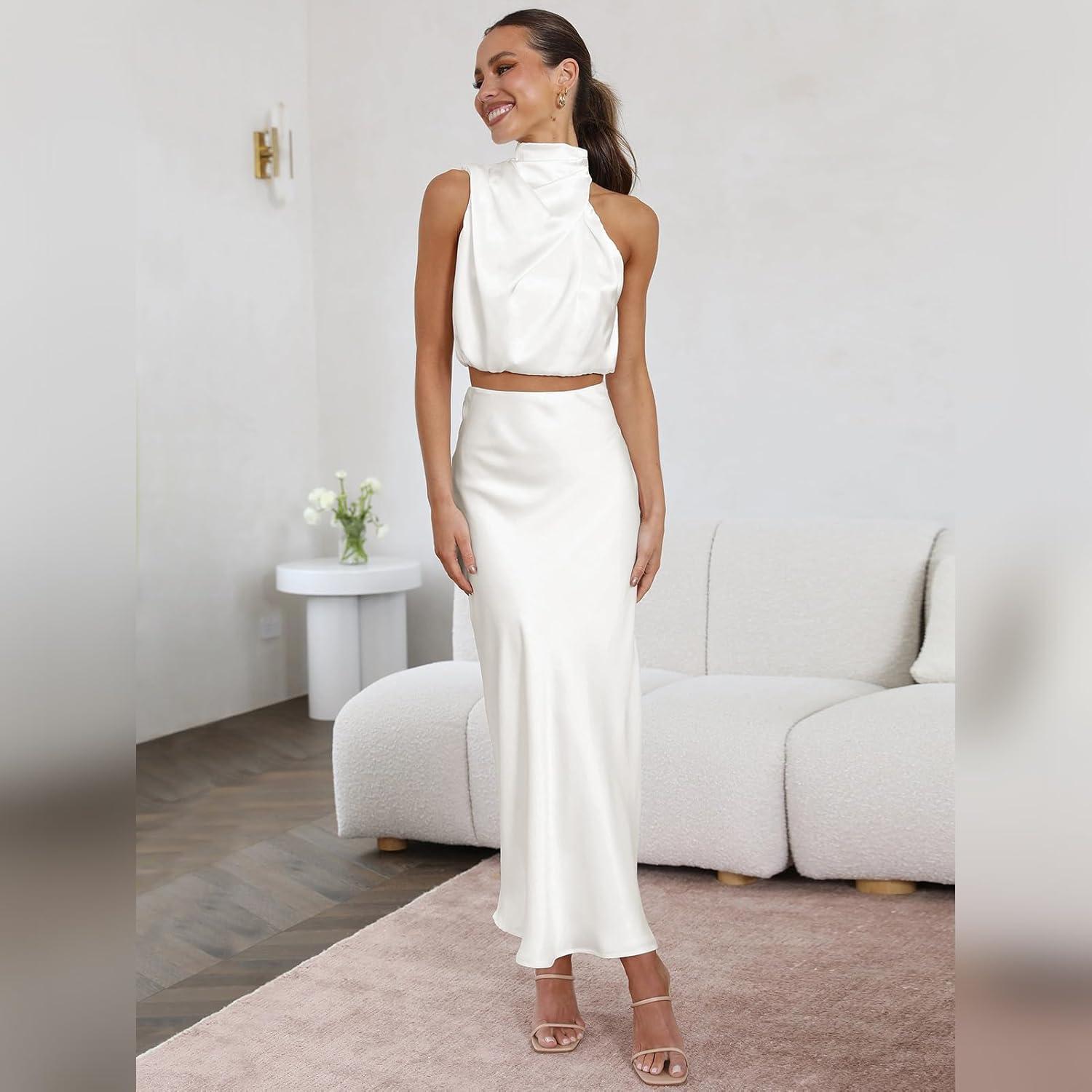 imageIDOPIP Womens Satin Top Long Skirt Dress Sets 2PCS Formal Cocktail Party Outfit Elegant Evening Prom Wedding Bridesmaid GownWhite