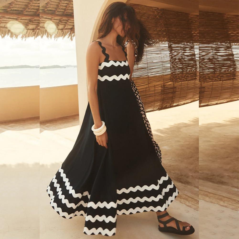 imageIDOPIP Womens Summer Casual Dress Beach Floral Maxi Dress Elegant Spaghetti Sleeveless Smocked Sundress Weeding Guest DressBlack