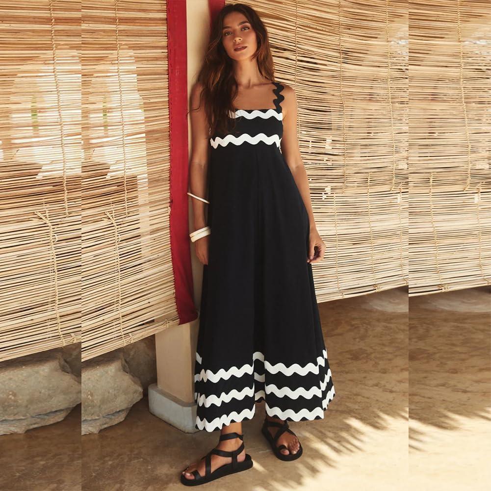 imageIDOPIP Womens Summer Casual Dress Beach Floral Maxi Dress Elegant Spaghetti Sleeveless Smocked Sundress Weeding Guest DressBlack