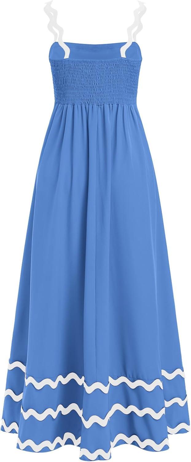imageIDOPIP Womens Summer Casual Dress Beach Floral Maxi Dress Elegant Spaghetti Sleeveless Smocked Sundress Weeding Guest DressBlue