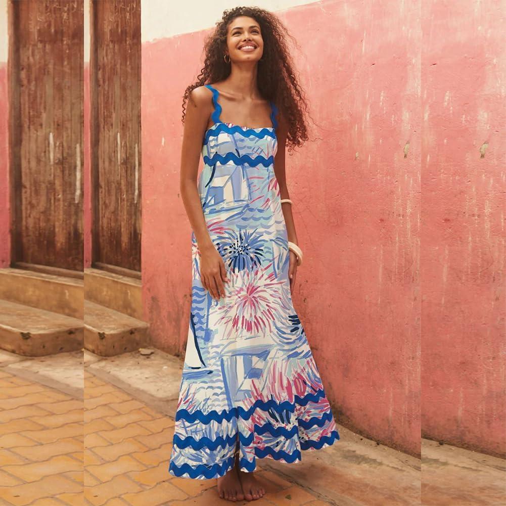 imageIDOPIP Womens Summer Casual Dress Beach Floral Maxi Dress Elegant Spaghetti Sleeveless Smocked Sundress Weeding Guest DressFireworks Print