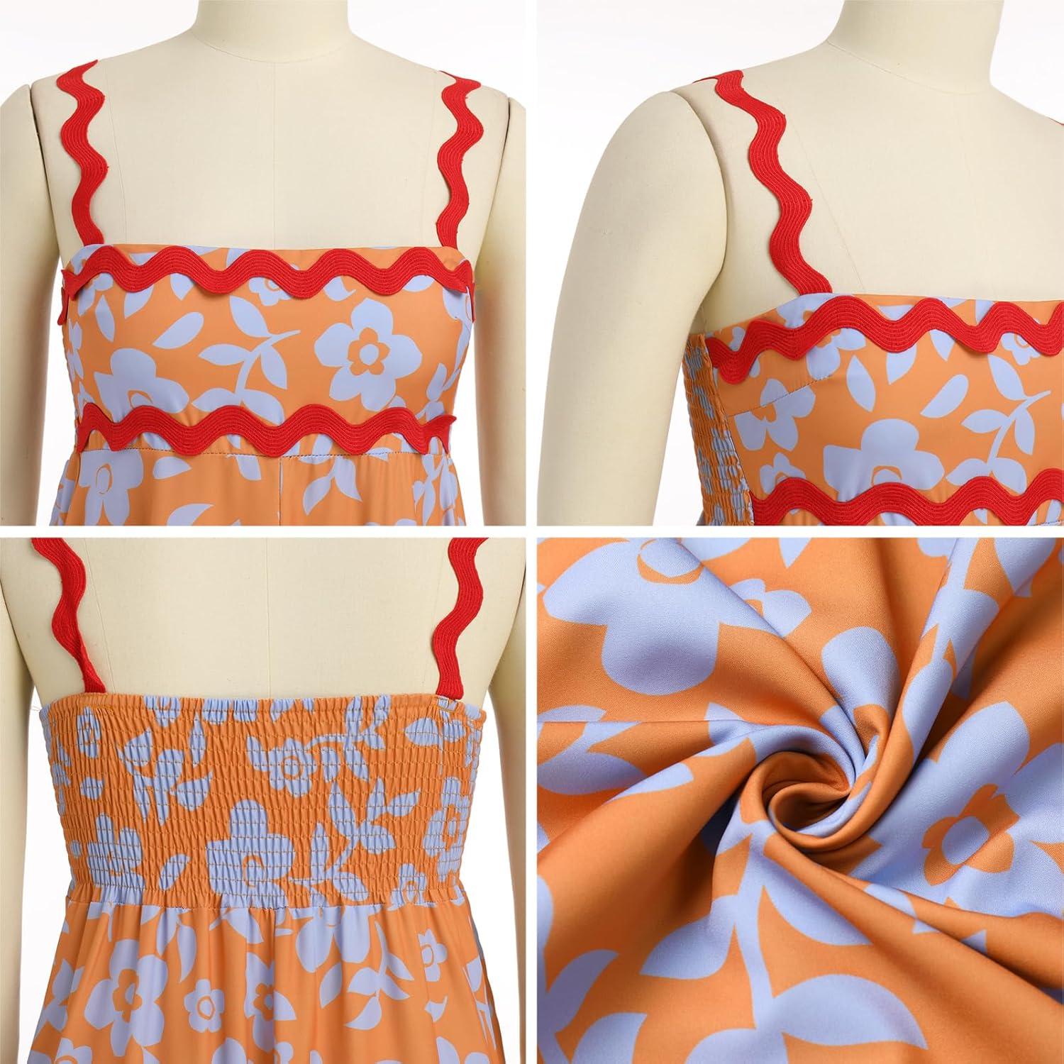 imageIDOPIP Womens Summer Casual Dress Beach Floral Maxi Dress Elegant Spaghetti Sleeveless Smocked Sundress Weeding Guest DressOrange