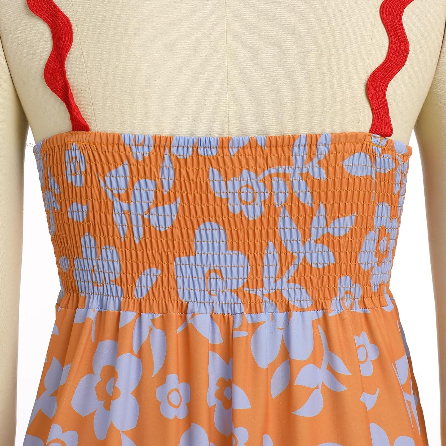 imageIDOPIP Womens Summer Casual Dress Beach Floral Maxi Dress Elegant Spaghetti Sleeveless Smocked Sundress Weeding Guest DressOrange