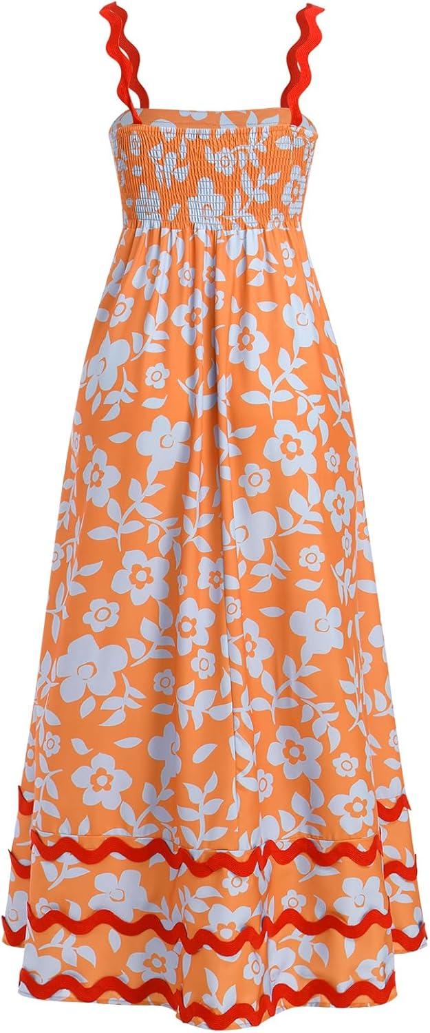 imageIDOPIP Womens Summer Casual Dress Beach Floral Maxi Dress Elegant Spaghetti Sleeveless Smocked Sundress Weeding Guest DressOrange