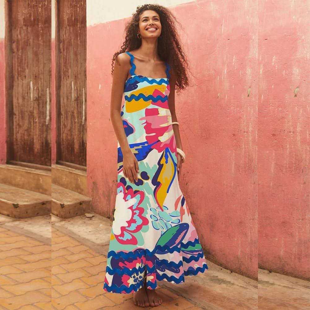 imageIDOPIP Womens Summer Casual Dress Beach Floral Maxi Dress Elegant Spaghetti Sleeveless Smocked Sundress Weeding Guest DressRed Floral Print
