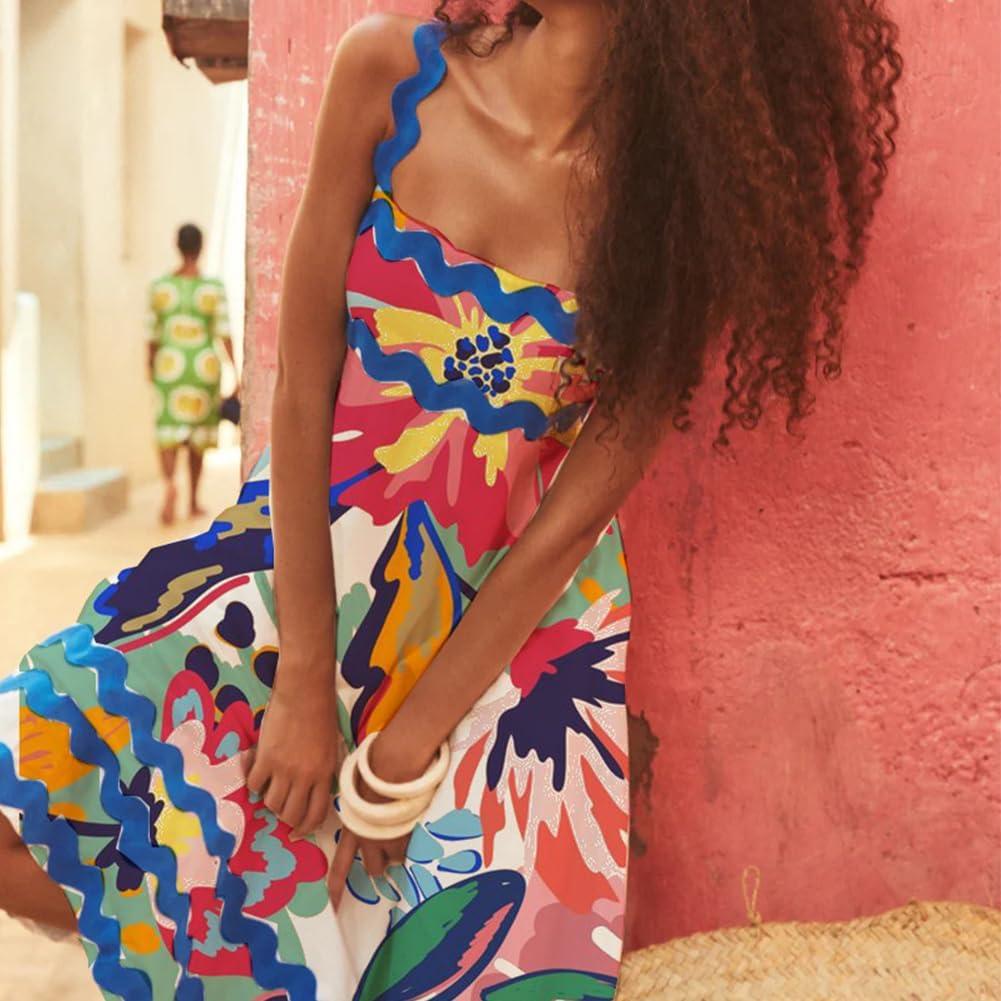 imageIDOPIP Womens Summer Casual Dress Beach Floral Maxi Dress Elegant Spaghetti Sleeveless Smocked Sundress Weeding Guest DressRed Floral Print