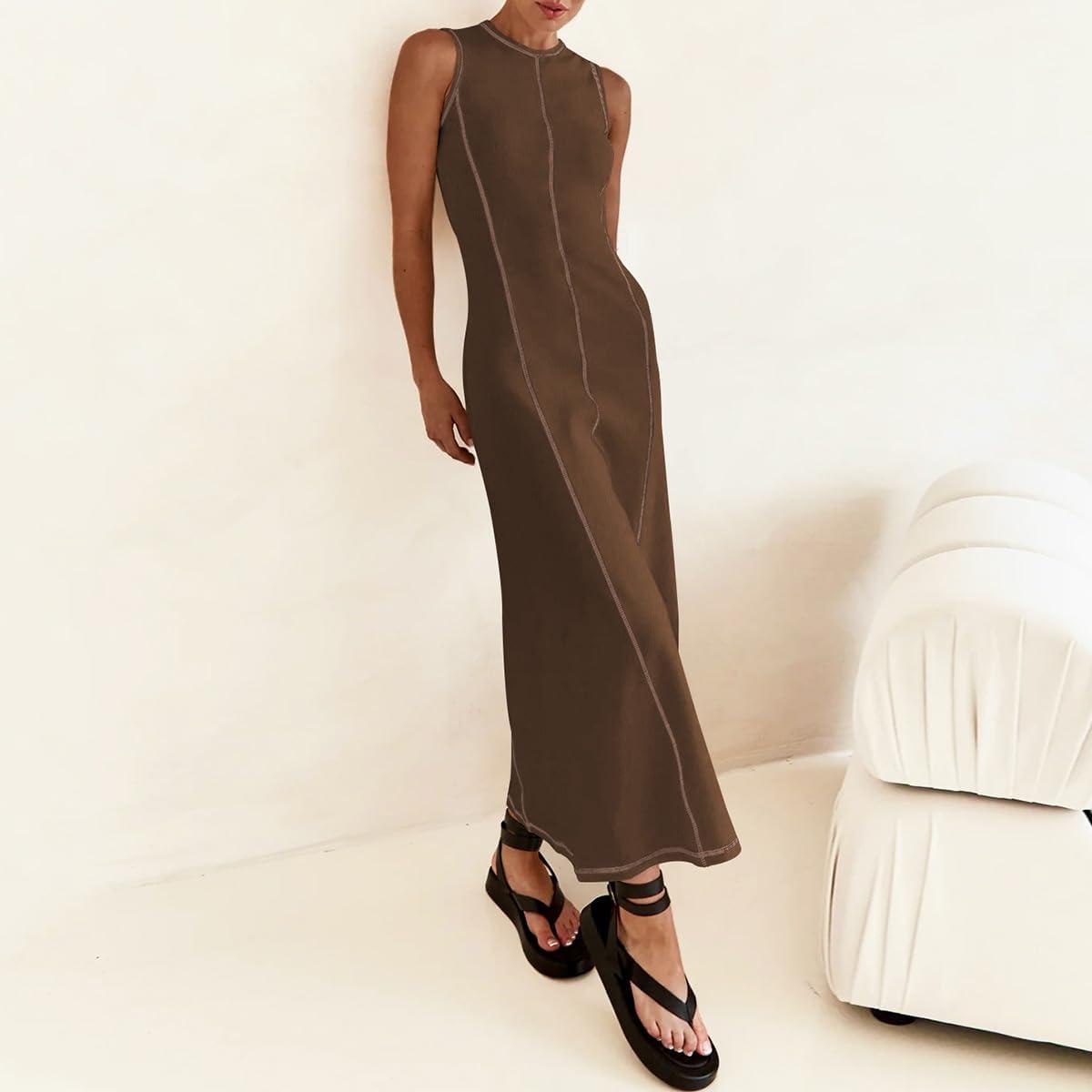 imageIDOPIP Womens Summer Sleeveless Maxi Dress 2024 Casual Long Tank Dress Tea Party Wedding Guest Dress Beach Vacation SundressCoffee