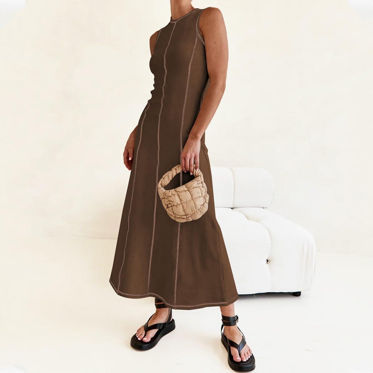 imageIDOPIP Womens Summer Sleeveless Maxi Dress 2024 Casual Long Tank Dress Tea Party Wedding Guest Dress Beach Vacation SundressCoffee
