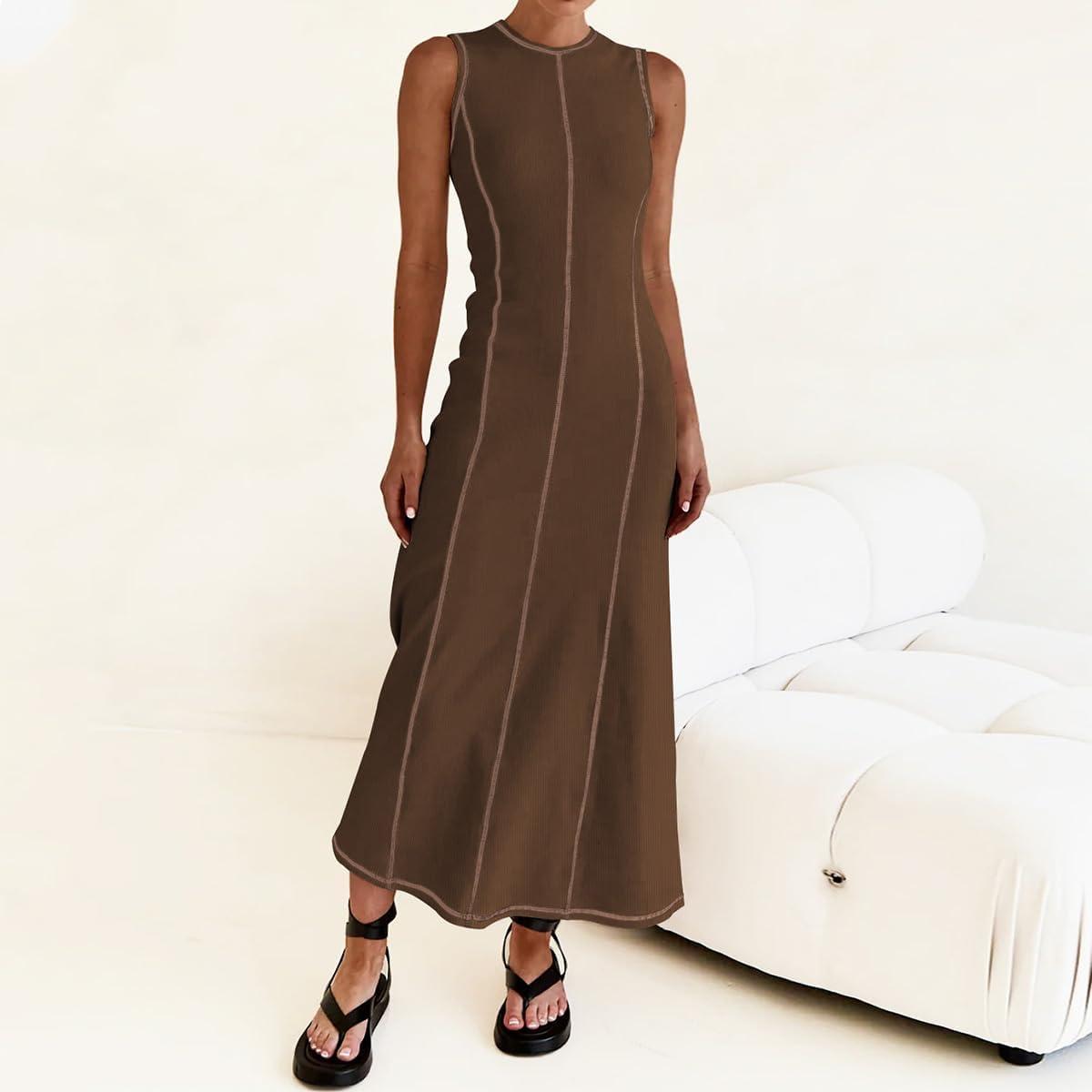 imageIDOPIP Womens Summer Sleeveless Maxi Dress 2024 Casual Long Tank Dress Tea Party Wedding Guest Dress Beach Vacation SundressCoffee