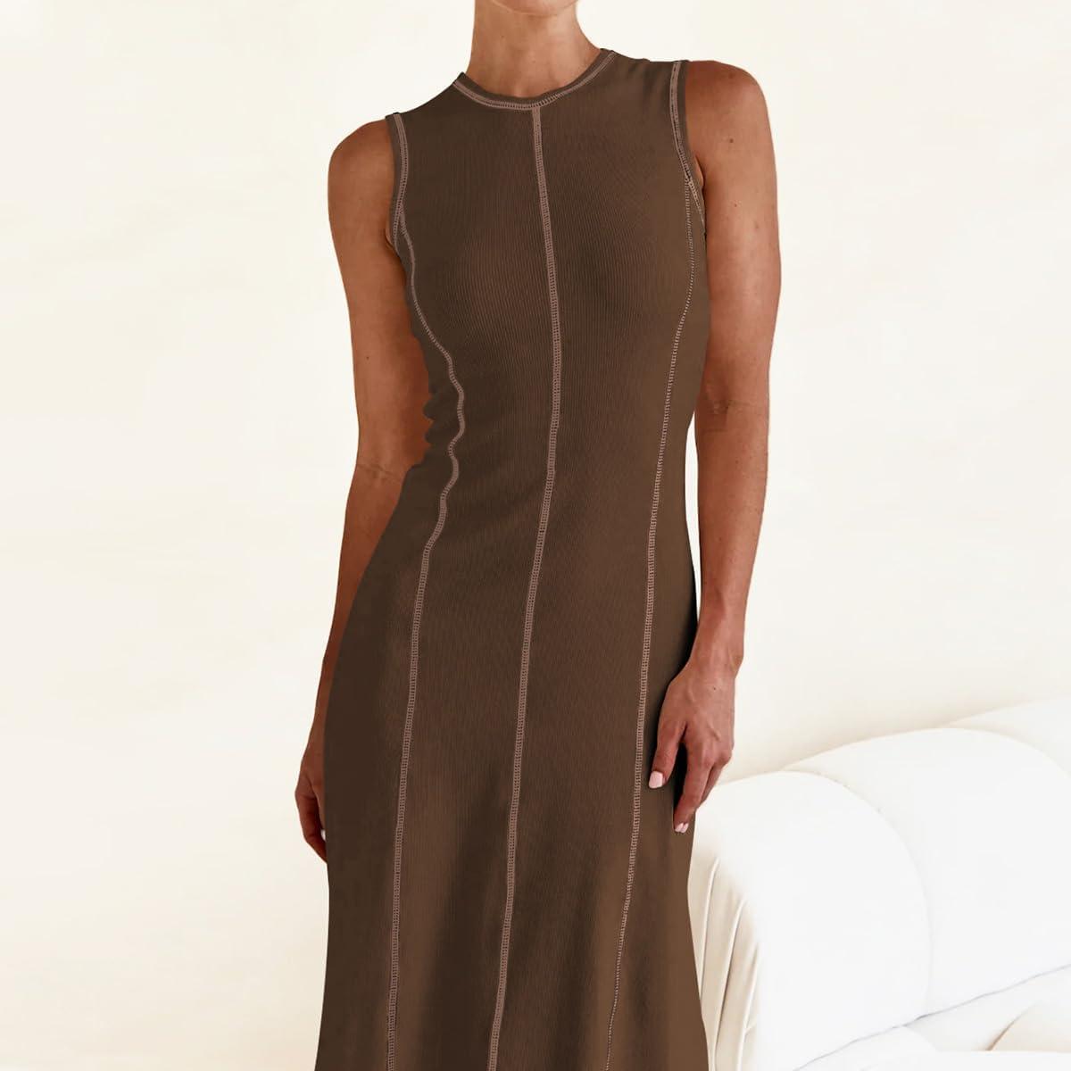imageIDOPIP Womens Summer Sleeveless Maxi Dress 2024 Casual Long Tank Dress Tea Party Wedding Guest Dress Beach Vacation SundressCoffee
