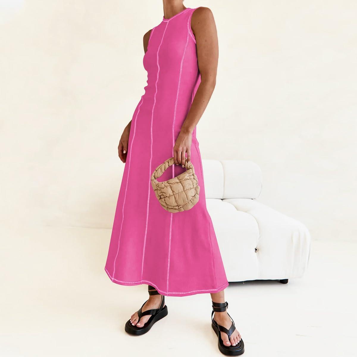 imageIDOPIP Womens Summer Sleeveless Maxi Dress 2024 Casual Long Tank Dress Tea Party Wedding Guest Dress Beach Vacation SundressPink