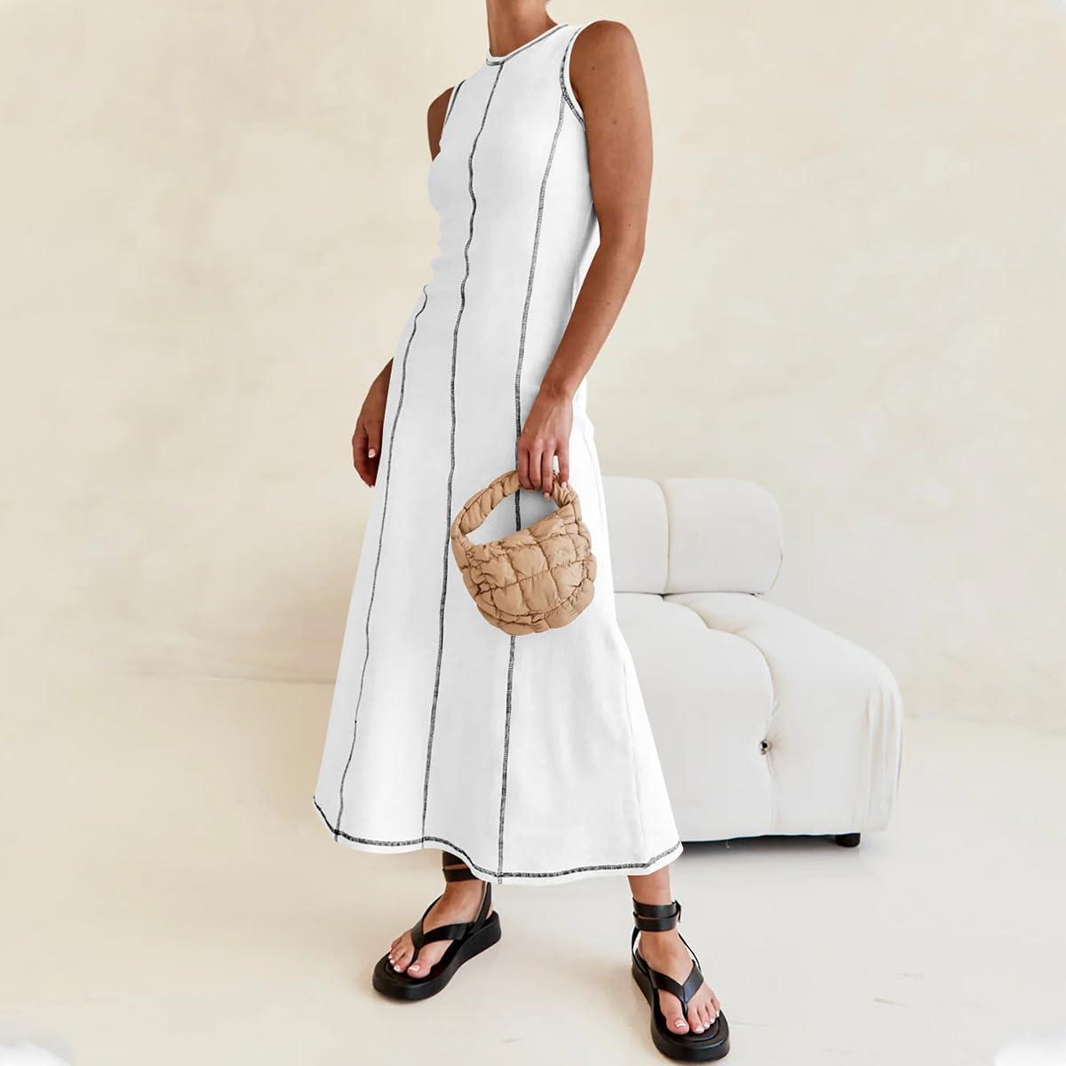 imageIDOPIP Womens Summer Sleeveless Maxi Dress 2024 Casual Long Tank Dress Tea Party Wedding Guest Dress Beach Vacation SundressWhite