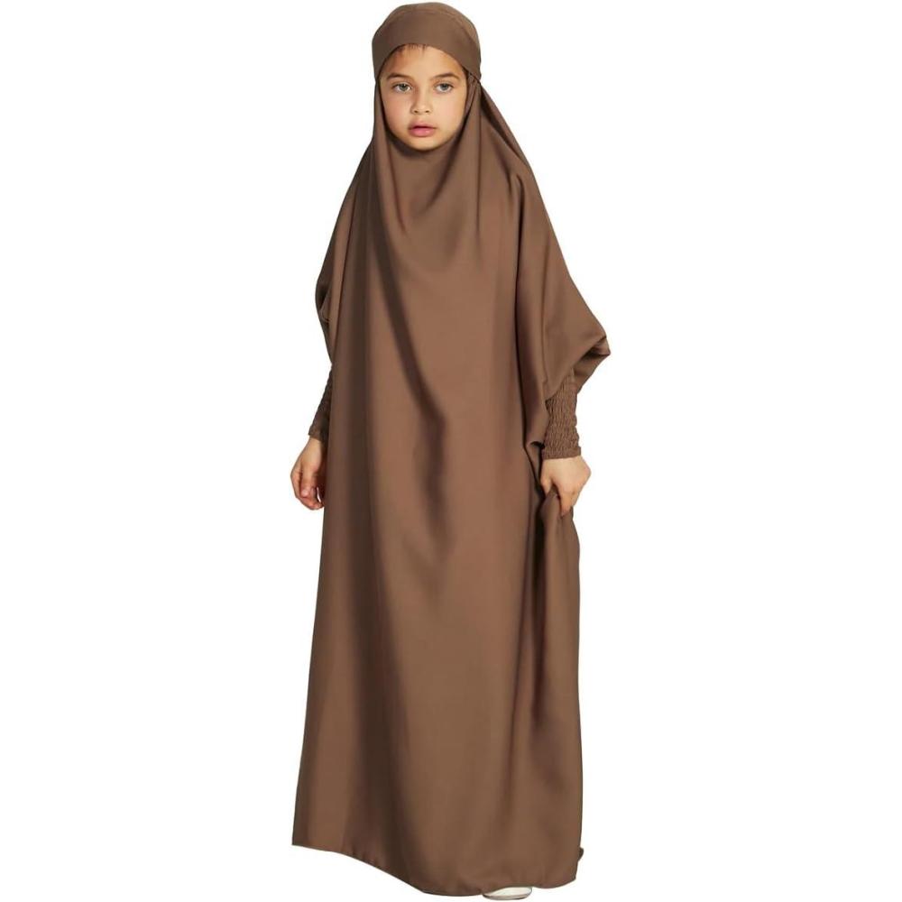 imageIDOPIP Muslim Dress for Girls One Piece Long Sleeve Islamic Prayer Dress with Hijab Casual Maxi Kaftan Abaya Gown ClothesCoffee