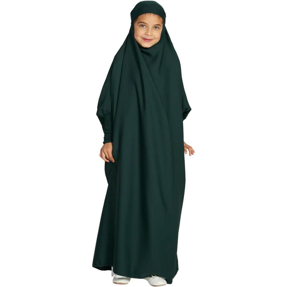 imageIDOPIP Muslim Dress for Girls One Piece Long Sleeve Islamic Prayer Dress with Hijab Casual Maxi Kaftan Abaya Gown ClothesGreen