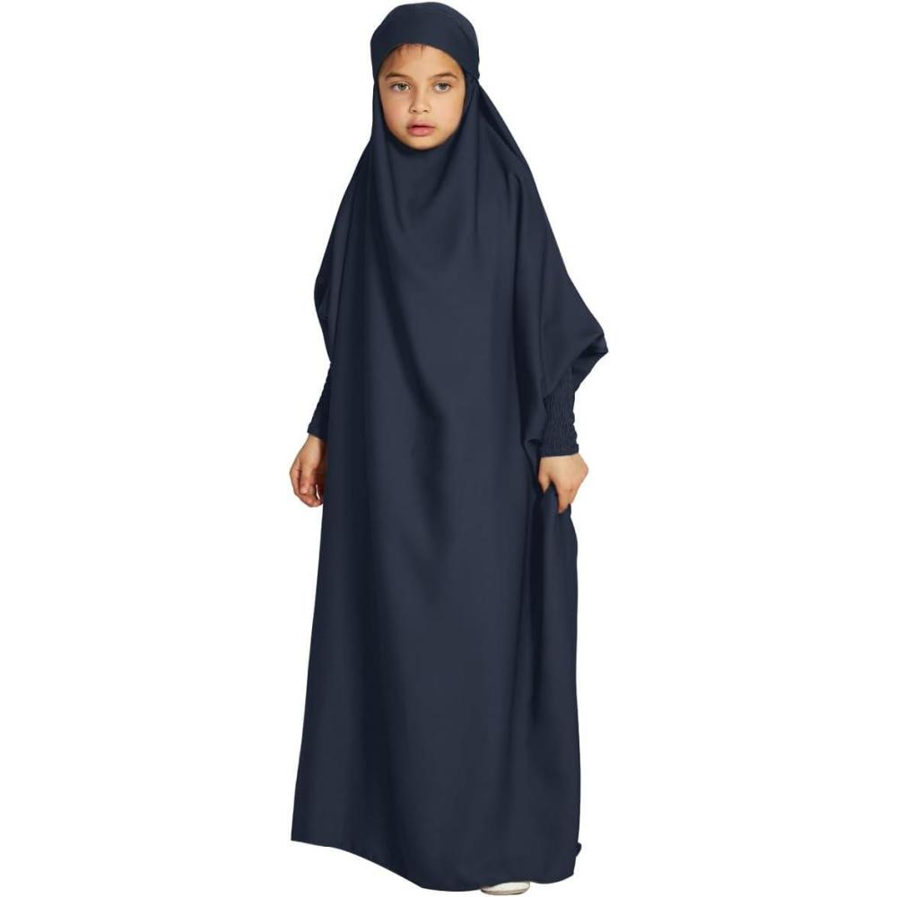 imageIDOPIP Muslim Dress for Girls One Piece Long Sleeve Islamic Prayer Dress with Hijab Casual Maxi Kaftan Abaya Gown ClothesNavy Blue