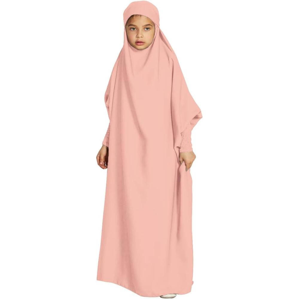 imageIDOPIP Muslim Dress for Girls One Piece Long Sleeve Islamic Prayer Dress with Hijab Casual Maxi Kaftan Abaya Gown ClothesPink