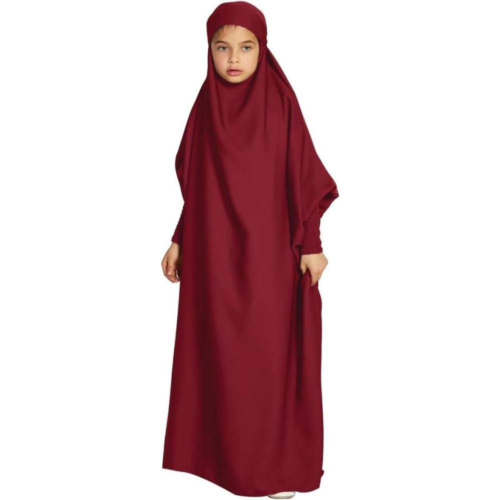 imageIDOPIP Muslim Dress for Girls One Piece Long Sleeve Islamic Prayer Dress with Hijab Casual Maxi Kaftan Abaya Gown ClothesWine Red