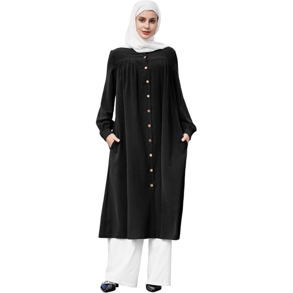 imageIDOPIP Muslim Long Dress for Women Long Sleeve Maxi Button Shirt Abayas Casual Kaftan Dubai Oversize Robe Islamic Clothing