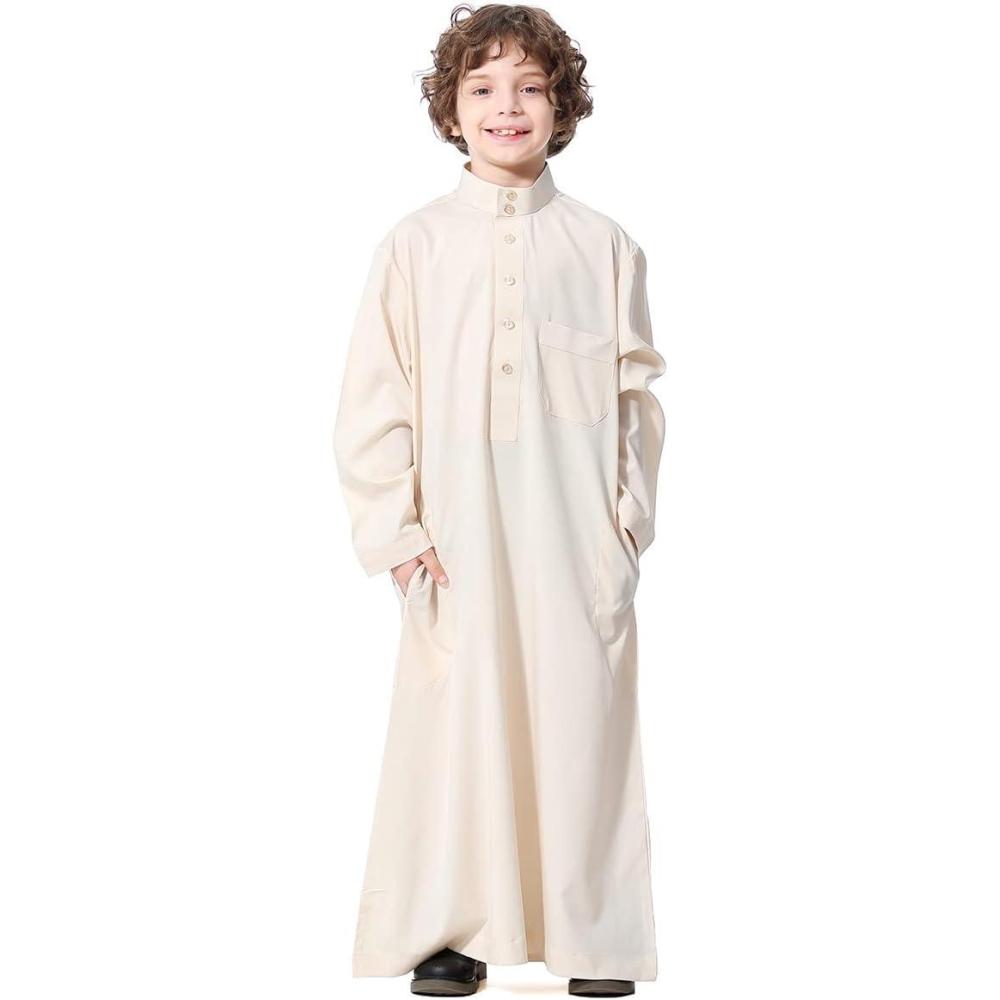 imageIDOPIP Muslim Thobe for Boys Kids Long Sleeve Islamic Arabic Kaftan Robe Middle East Dubai Prayer Dress Clothes with PocketsBeige