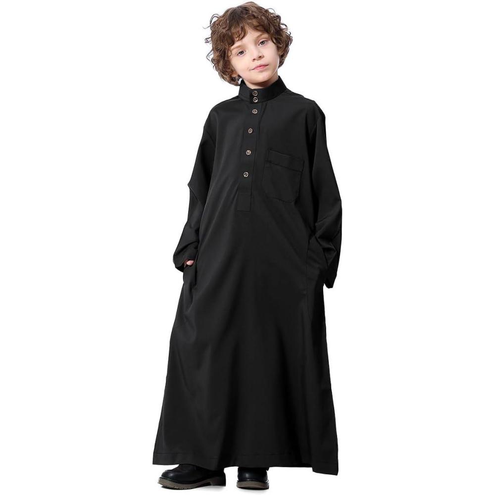 imageIDOPIP Muslim Thobe for Boys Kids Long Sleeve Islamic Arabic Kaftan Robe Middle East Dubai Prayer Dress Clothes with PocketsBlack