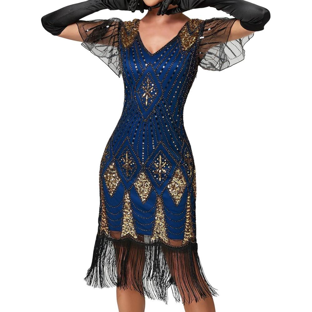 imageIDOPIP Women 1920s Flapper Gatsby Dress Vintage Sparkle Sequins Fringe Tassel Cocktail Party Dress Cosplay Halloween CostumeBlue