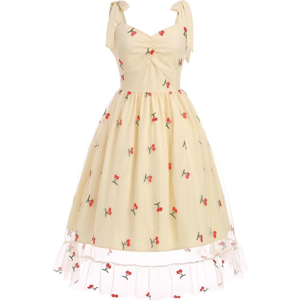imageIDOPIP Women 1950s Vintage StrawberryCherrySequin Star Print Cocktail Mesh Dress Self Tie Straps Retro Wedding Guest DressApricotcherry Print