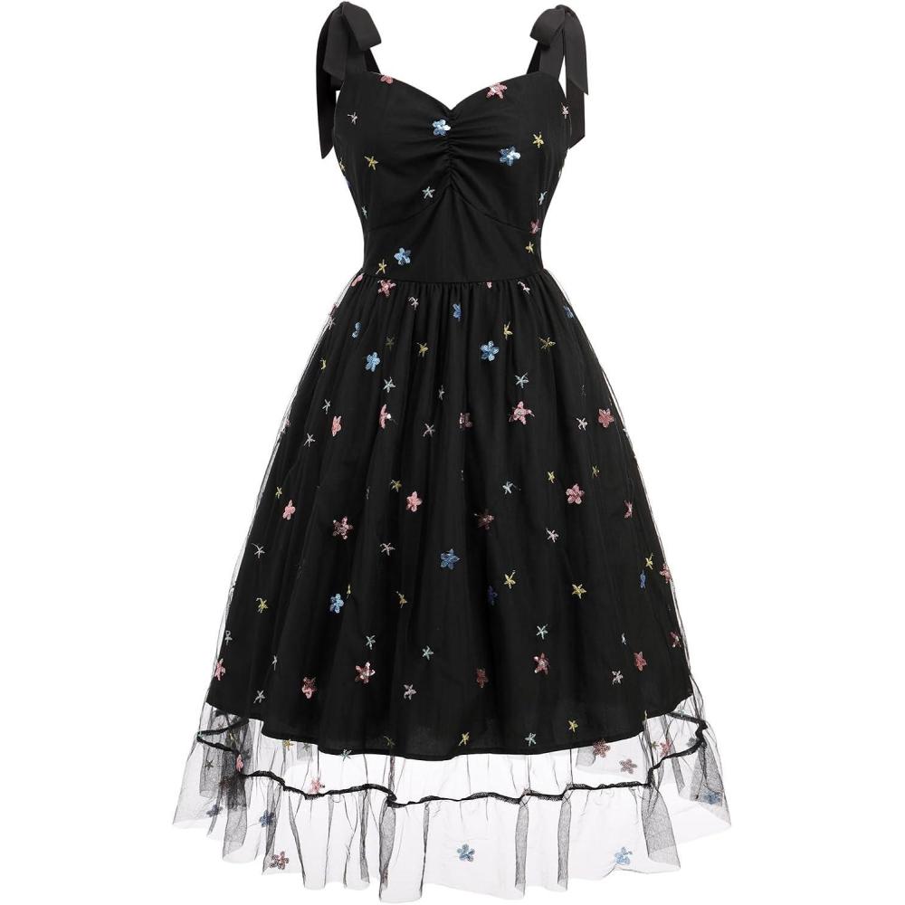 imageIDOPIP Women 1950s Vintage StrawberryCherrySequin Star Print Cocktail Mesh Dress Self Tie Straps Retro Wedding Guest DressBlackstar Print