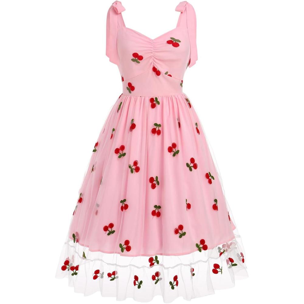 imageIDOPIP Women 1950s Vintage StrawberryCherrySequin Star Print Cocktail Mesh Dress Self Tie Straps Retro Wedding Guest DressPinkcherry Print