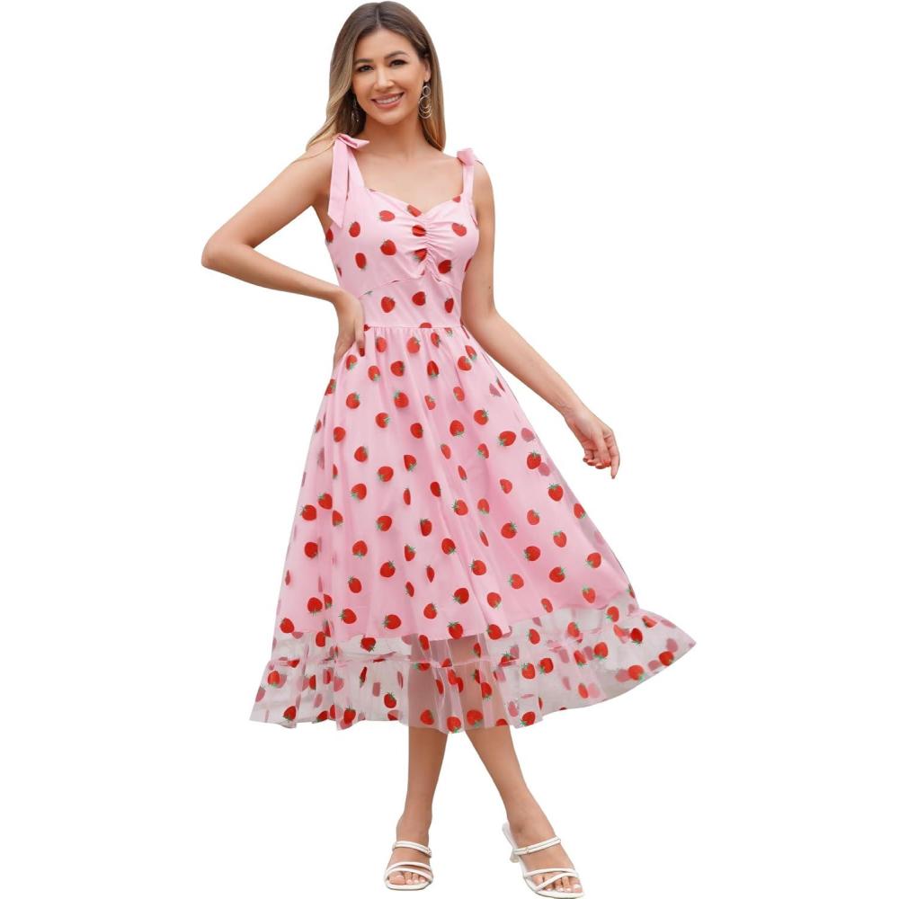 imageIDOPIP Women 1950s Vintage StrawberryCherrySequin Star Print Cocktail Mesh Dress Self Tie Straps Retro Wedding Guest DressPinkstrawberry Print