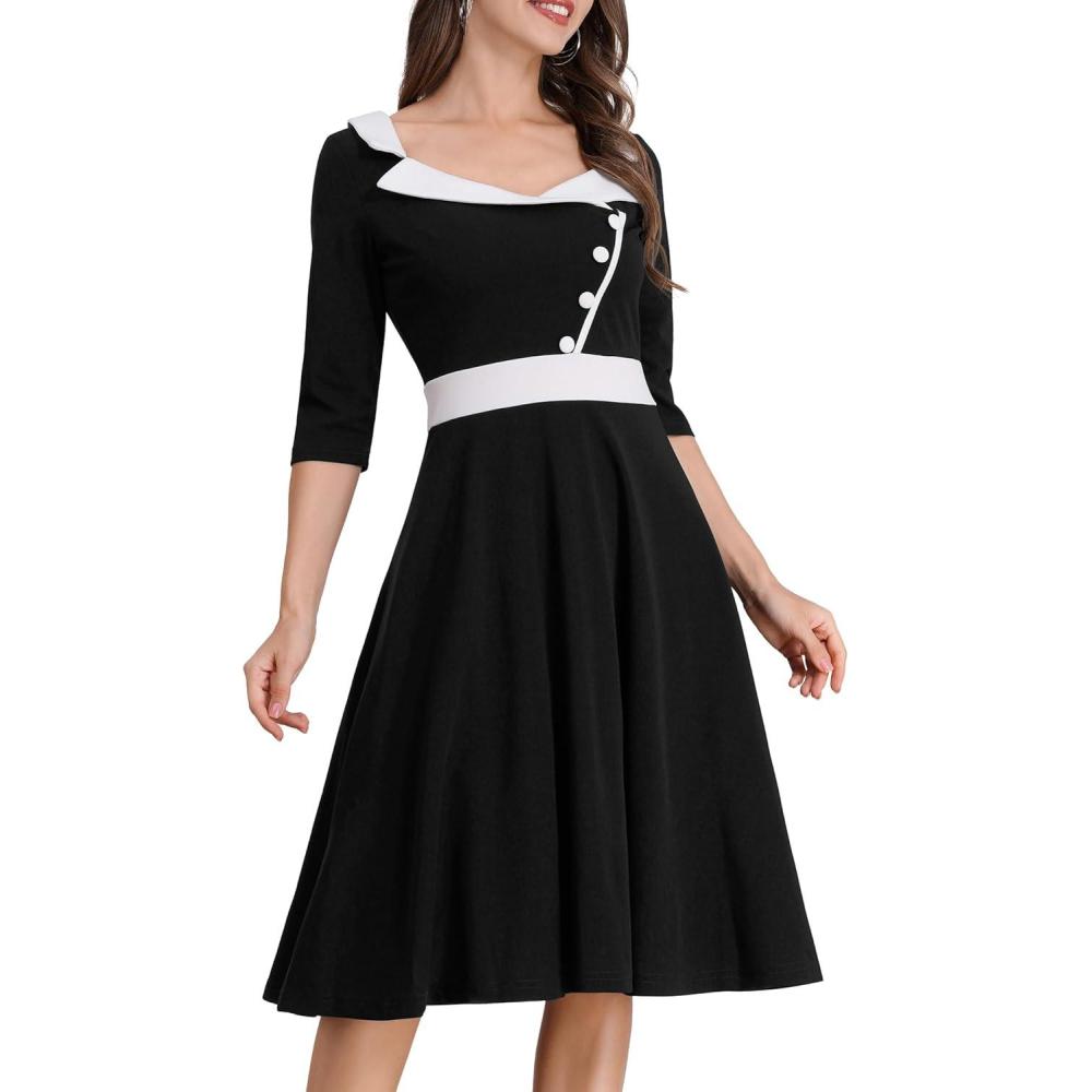 imageIDOPIP Women 1950s Vintage Stripe Swing Dress Halloween Costume Audrey Hepburn Style Cosplay Outfit Cocktail Party Midi DressBlack