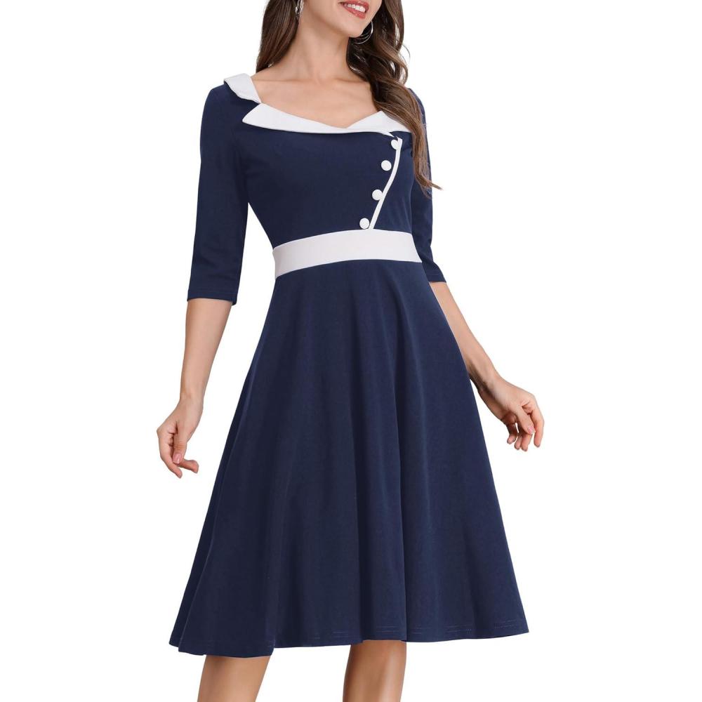 imageIDOPIP Women 1950s Vintage Stripe Swing Dress Halloween Costume Audrey Hepburn Style Cosplay Outfit Cocktail Party Midi DressNavy Blue