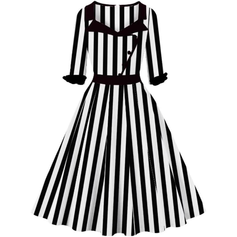 imageIDOPIP Women 1950s Vintage Stripe Swing Dress Halloween Costume Audrey Hepburn Style Cosplay Outfit Cocktail Party Midi DressStripe