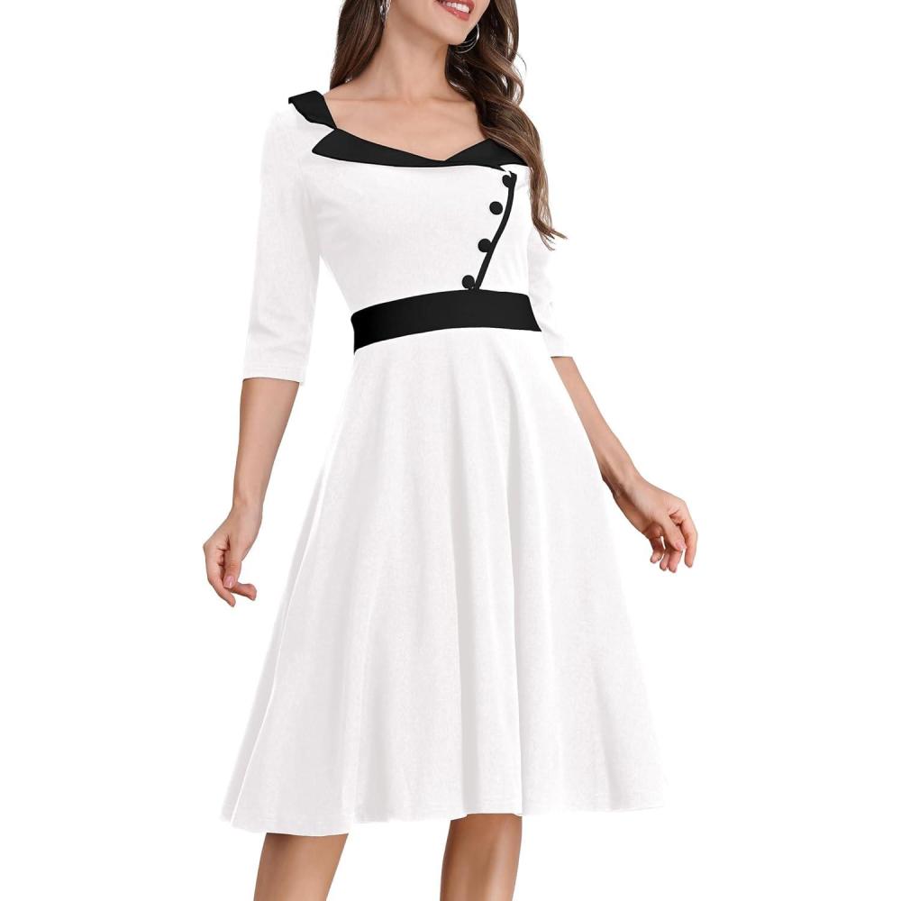 imageIDOPIP Women 1950s Vintage Stripe Swing Dress Halloween Costume Audrey Hepburn Style Cosplay Outfit Cocktail Party Midi DressWhite