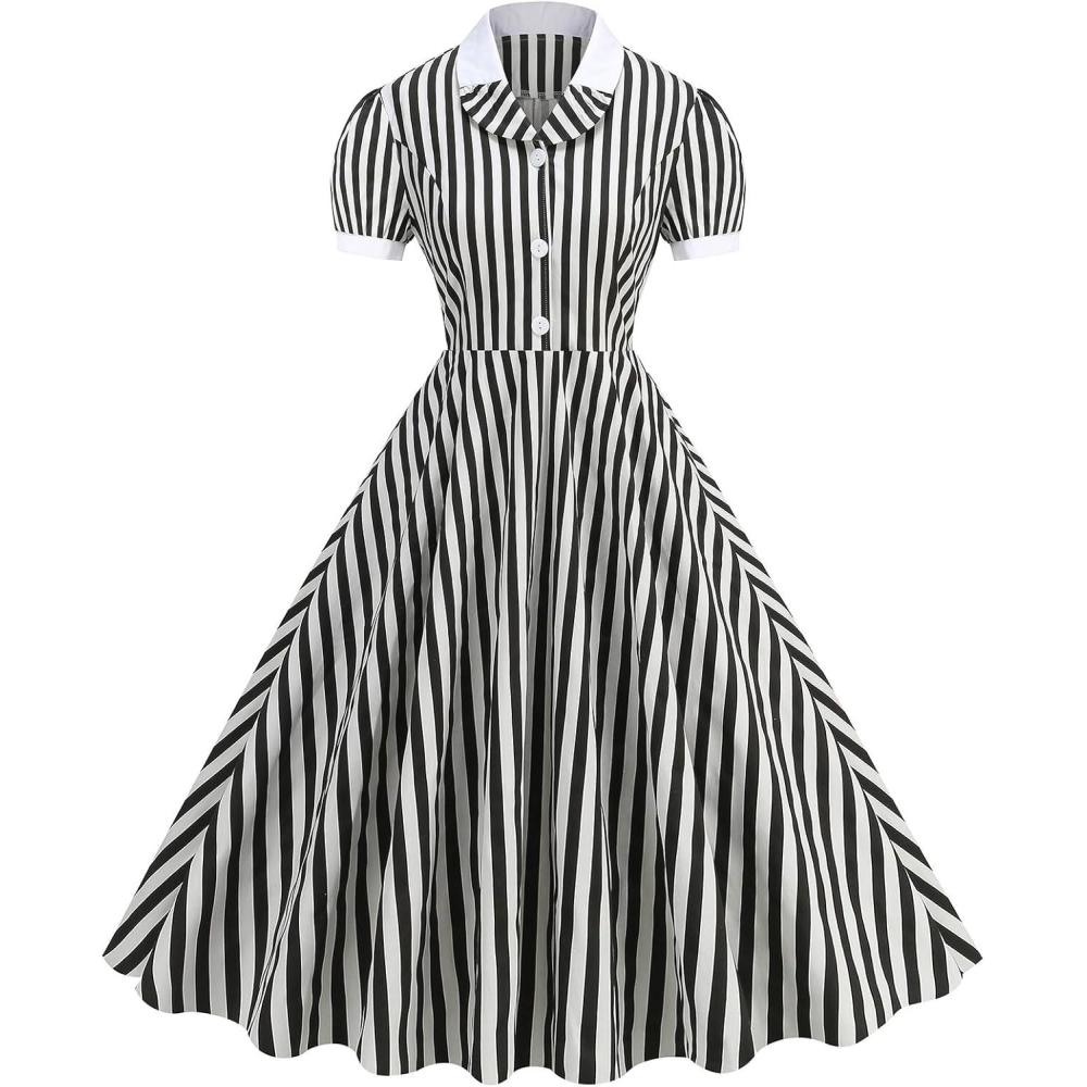 imageIDOPIP Women 1950s Vintage Swing Dress Puff Sleeve Cocktail Party Dress Formal Rockabilly Evening Elegant Retro Midi DressBlack White Striped