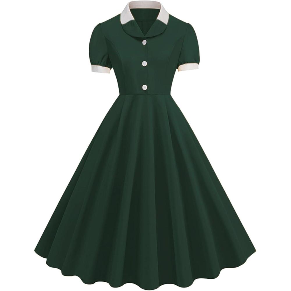 imageIDOPIP Women 1950s Vintage Swing Dress Puff Sleeve Cocktail Party Dress Formal Rockabilly Evening Elegant Retro Midi DressBlackish Green