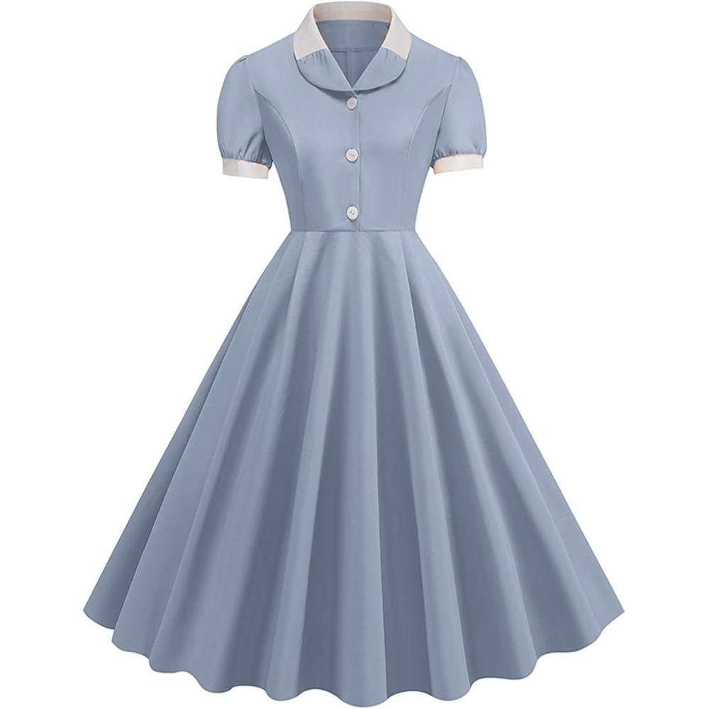 imageIDOPIP Women 1950s Vintage Swing Dress Puff Sleeve Cocktail Party Dress Formal Rockabilly Evening Elegant Retro Midi DressBlue